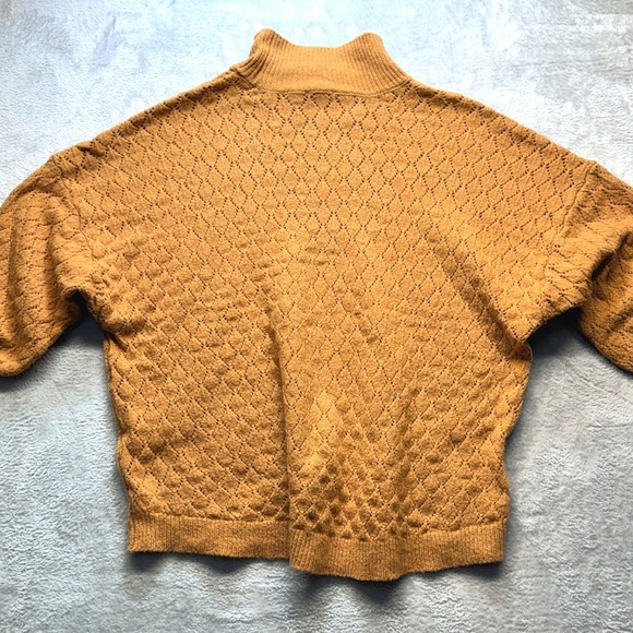 Wonderly Camel Brown Diamond Pointelle Mock Neck Lantern Sleeve Knit Sweater - Picture 13 of 13